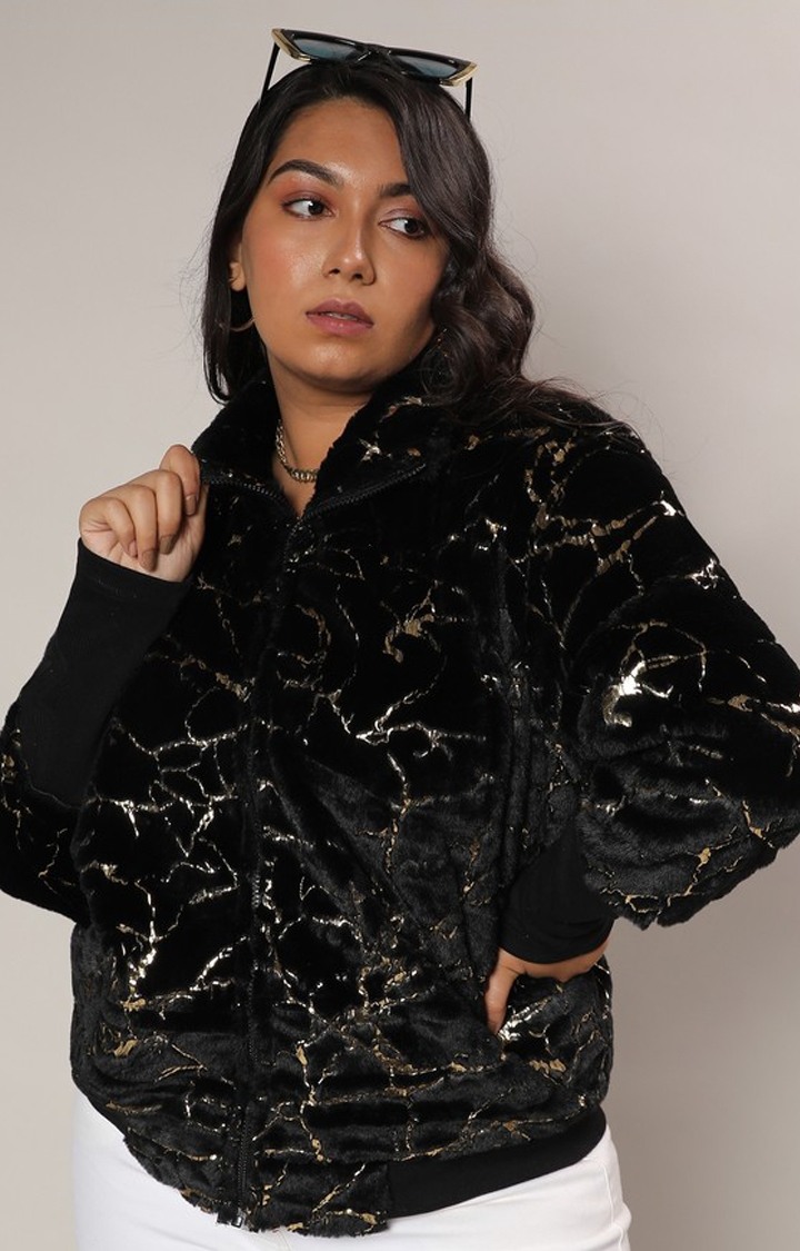 Women's Black Textured Bomber Jackets