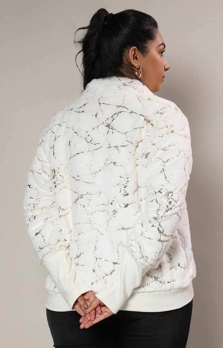 Women's White Textured Bomber Jackets