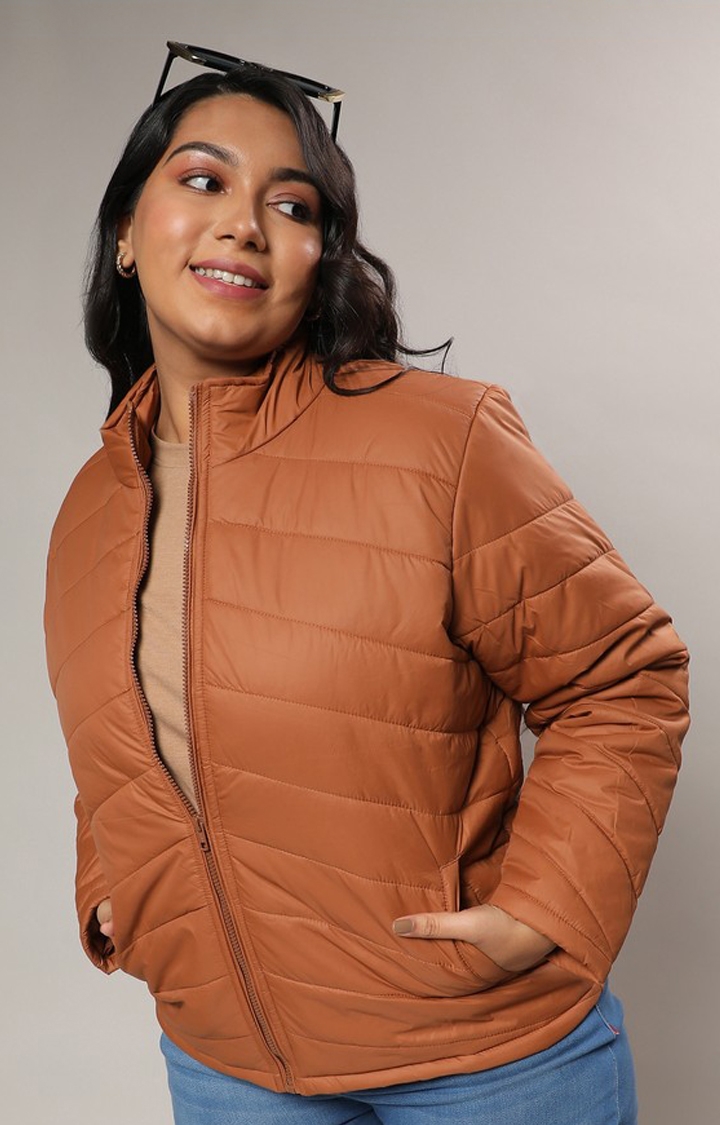 Women's Tan Brown Quilted Puffer Jacket With Zip Closure