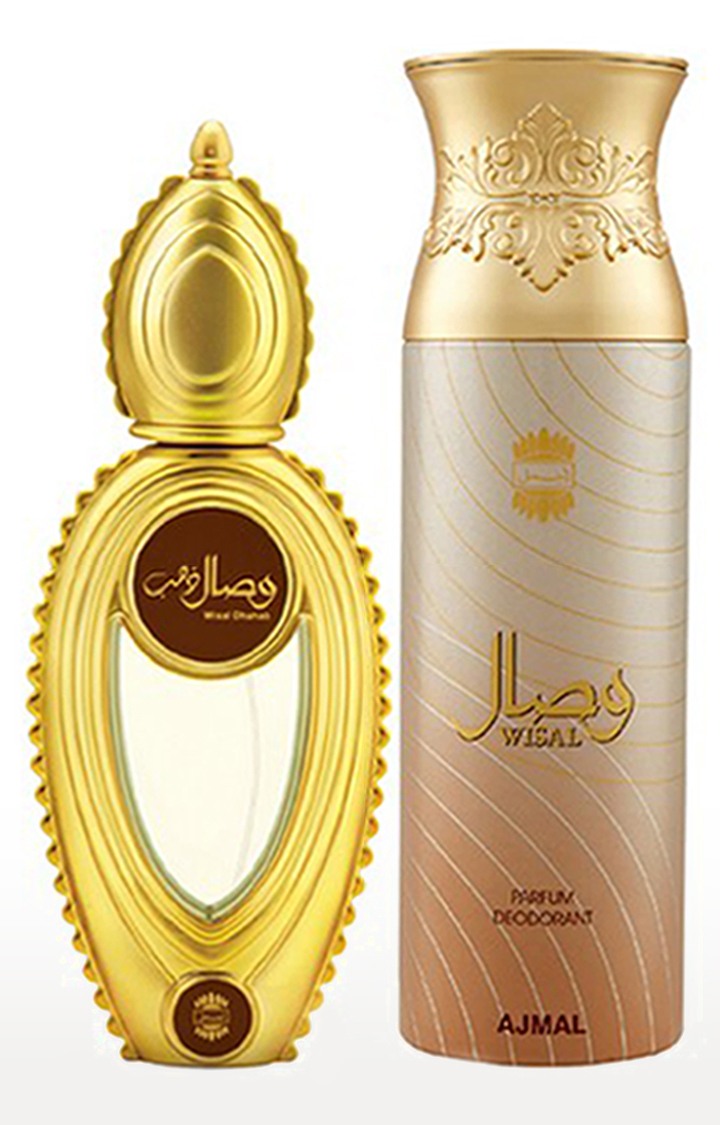 Ajmal Wisal Dhahab EDP Fruity Perfume 50ml for Men and Wisal Deodorant Musky Fragrance 200ml for WoMen