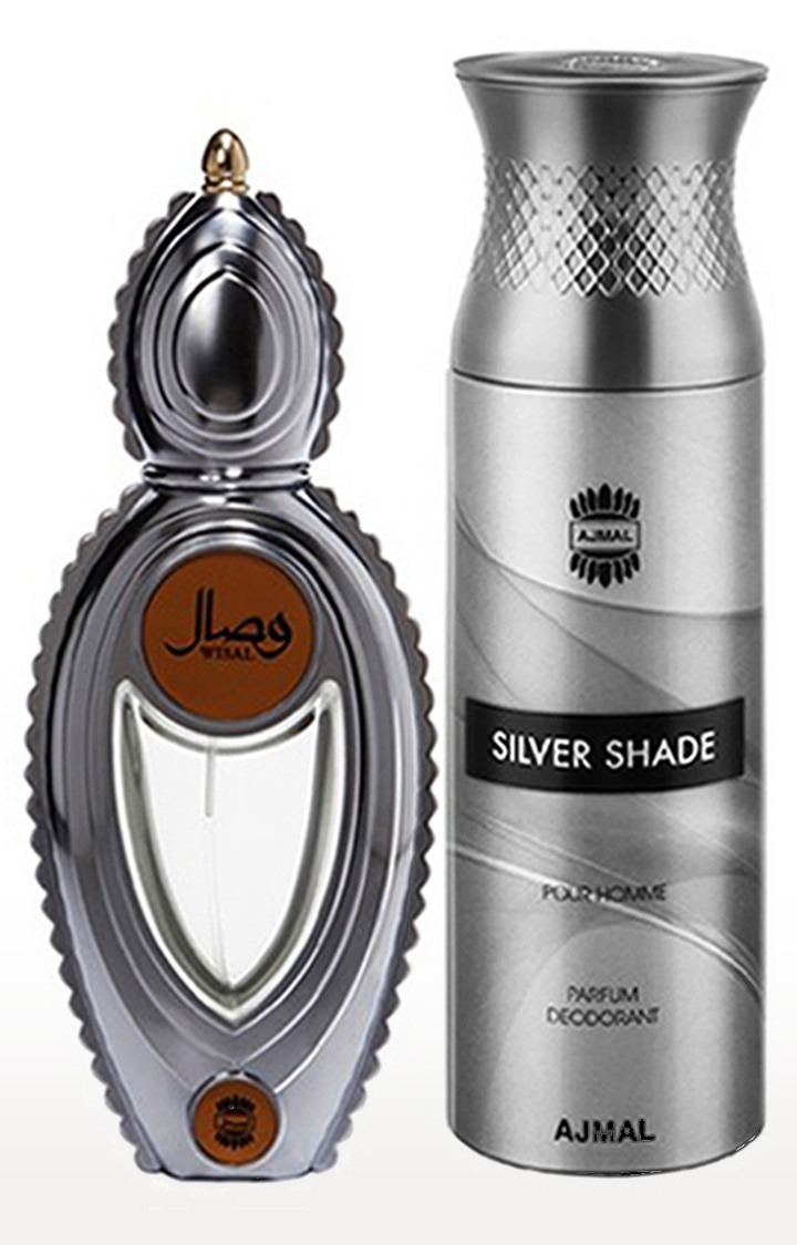 Ajmal Wisal EDP Musky Perfume 50ml for Women and Silver Shade Homme Deodorant Fragrance 200ml for Men