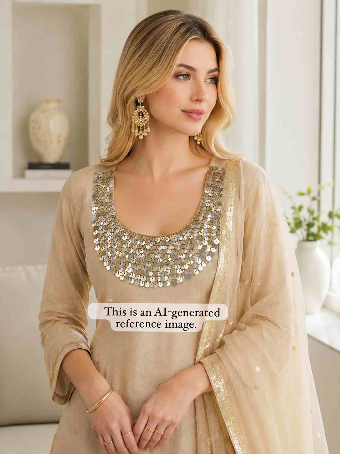 Beige Royal Metal Sequin U-Neck Patch – Mj-Neck-161
