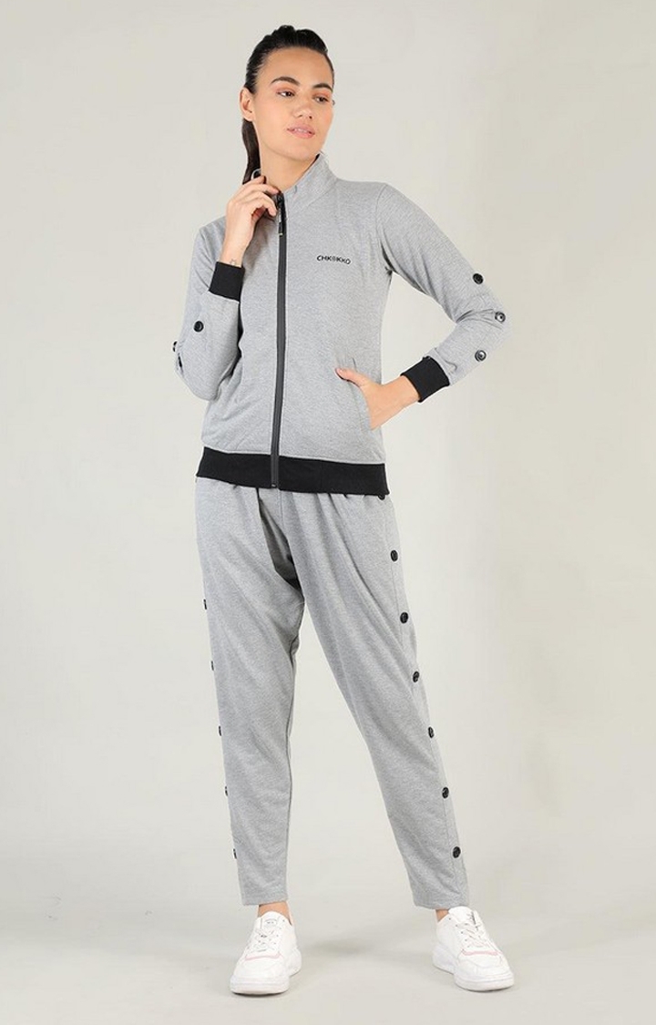 Women's Grey Melange Textured Polyester Tracksuit