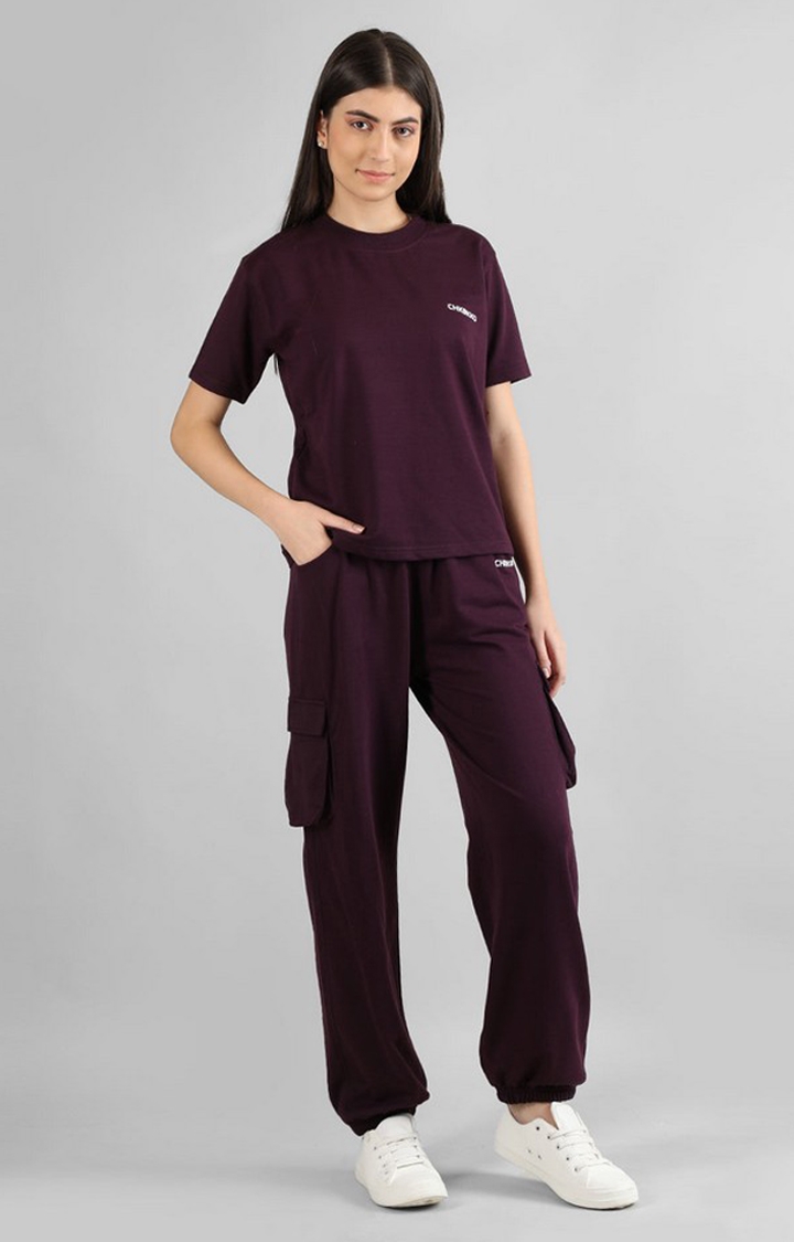 Women's Maroon Solid Cotton Co-ords