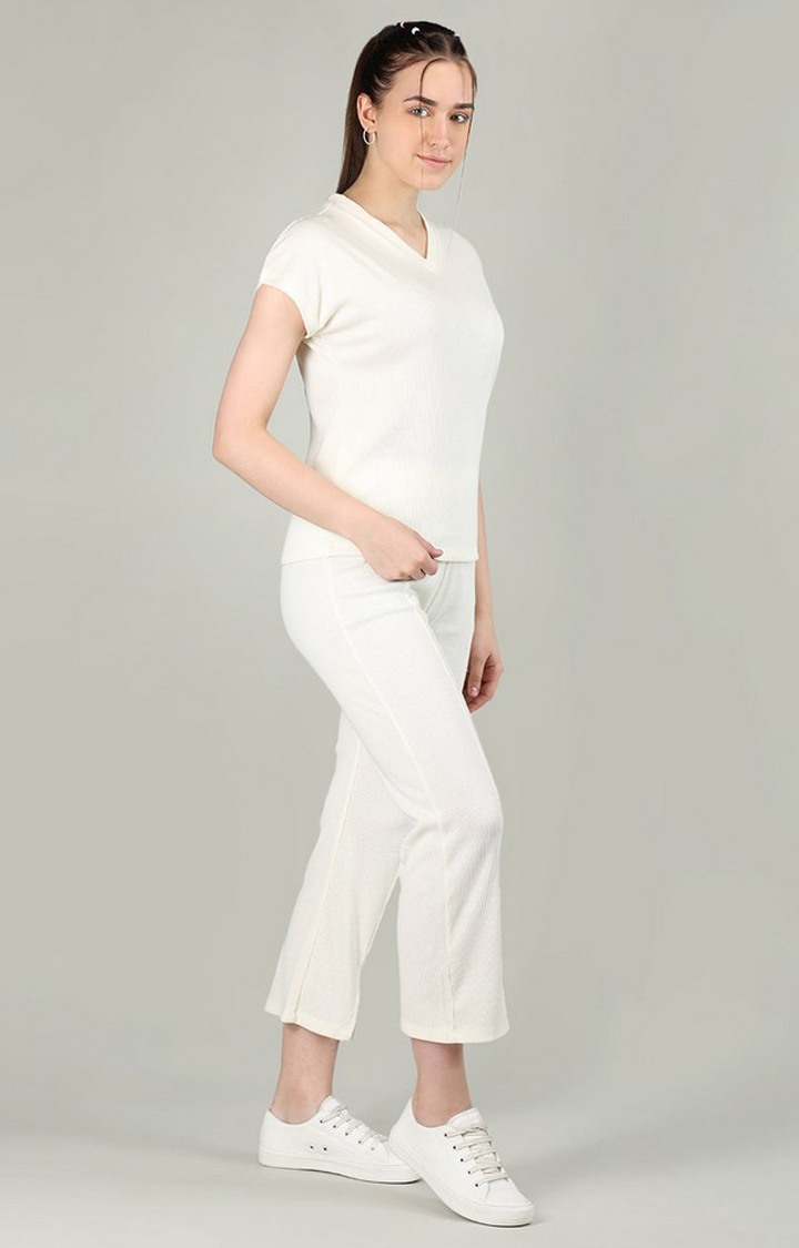 Women's Cream Solid Cotton Co-ords