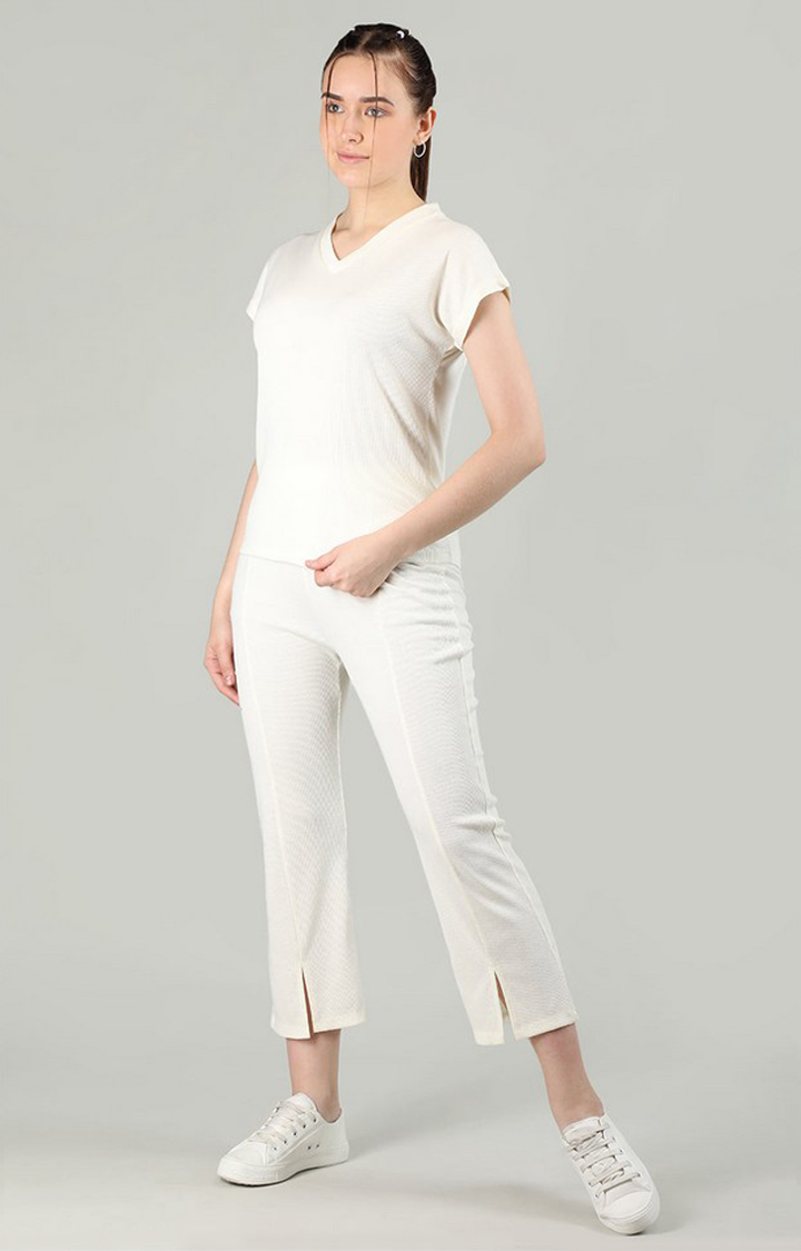 Women's Cream Solid Cotton Co-ords