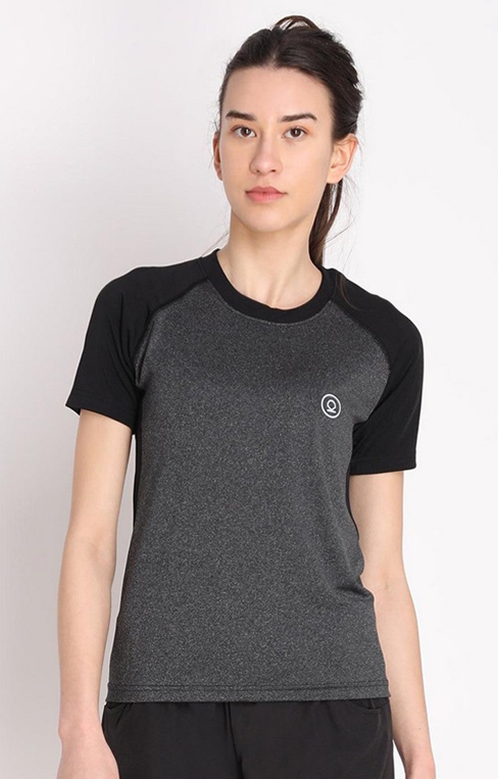 Women's Dark Grey Melange Textured Polyester Activewear T-Shirt