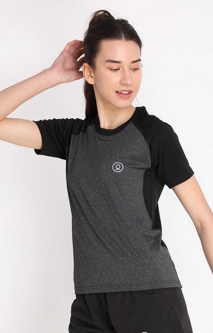 Women's Dark Grey Melange Textured Polyester Activewear T-Shirt