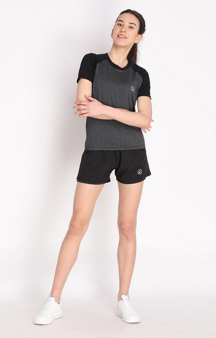 Women's Dark Grey Melange Textured Polyester Activewear T-Shirt