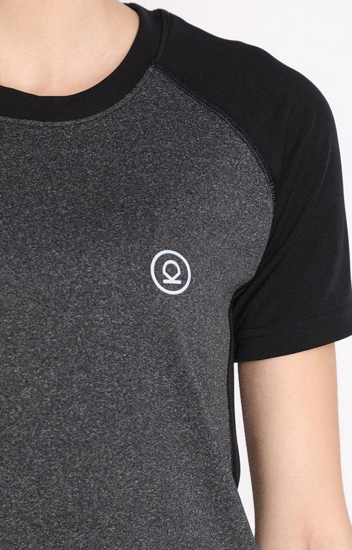 Women's Dark Grey Melange Textured Polyester Activewear T-Shirt