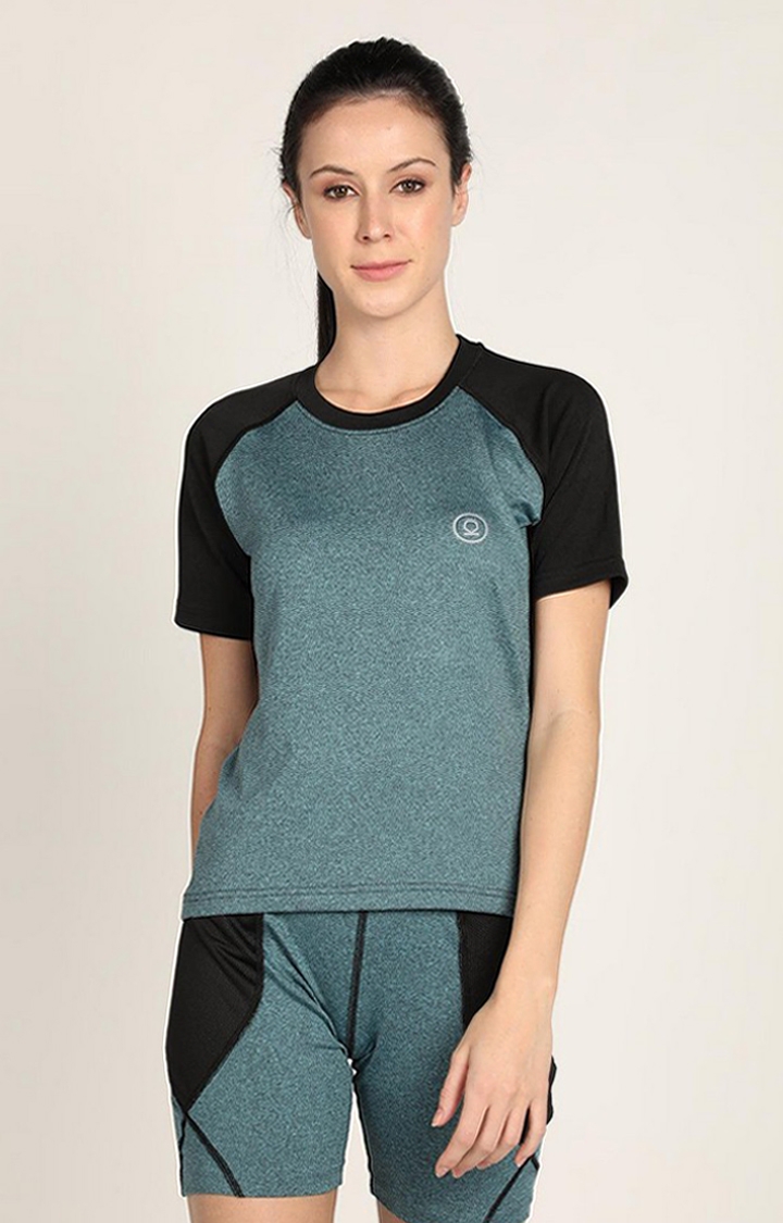 CHKOKKO | Women's Green Melange Textured Polyester Activewear T-Shirt