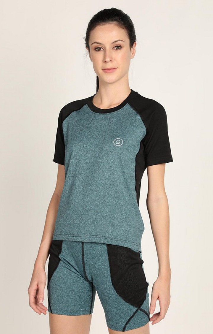 Women's Green Melange Textured Polyester Activewear T-Shirt