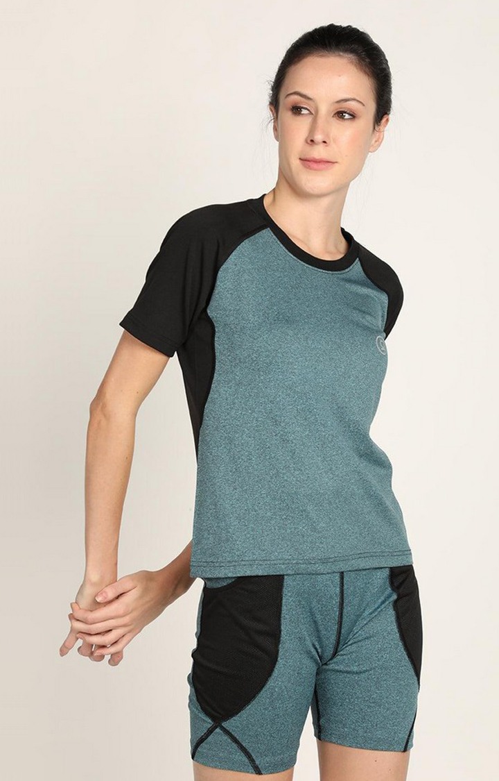 Women's Green Melange Textured Polyester Activewear T-Shirt
