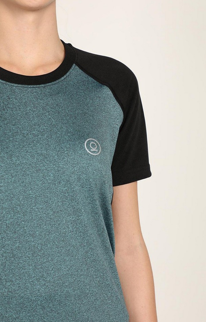 Women's Green Melange Textured Polyester Activewear T-Shirt