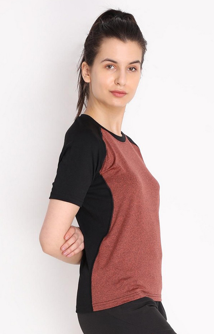 Women's Rust Brown Melange Textured Polyester Activewear T-Shirt