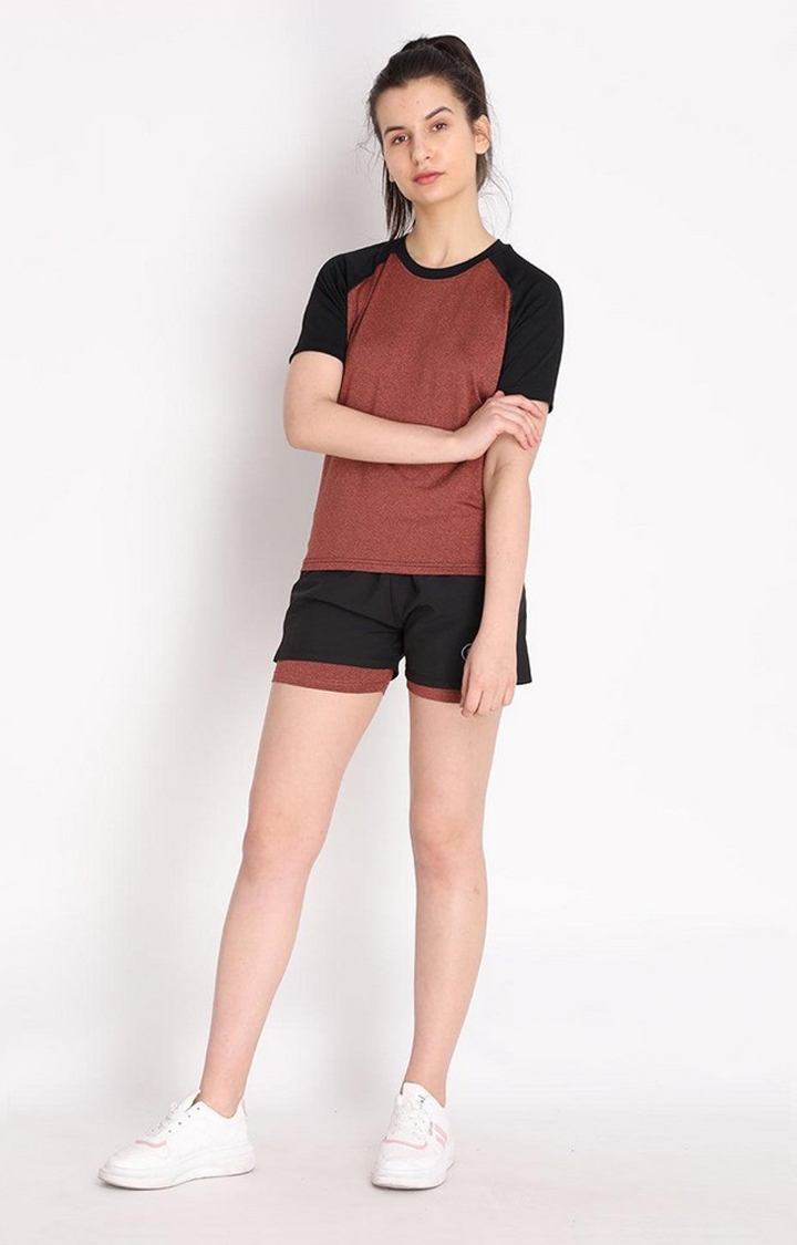 Women's Rust Brown Melange Textured Polyester Activewear T-Shirt