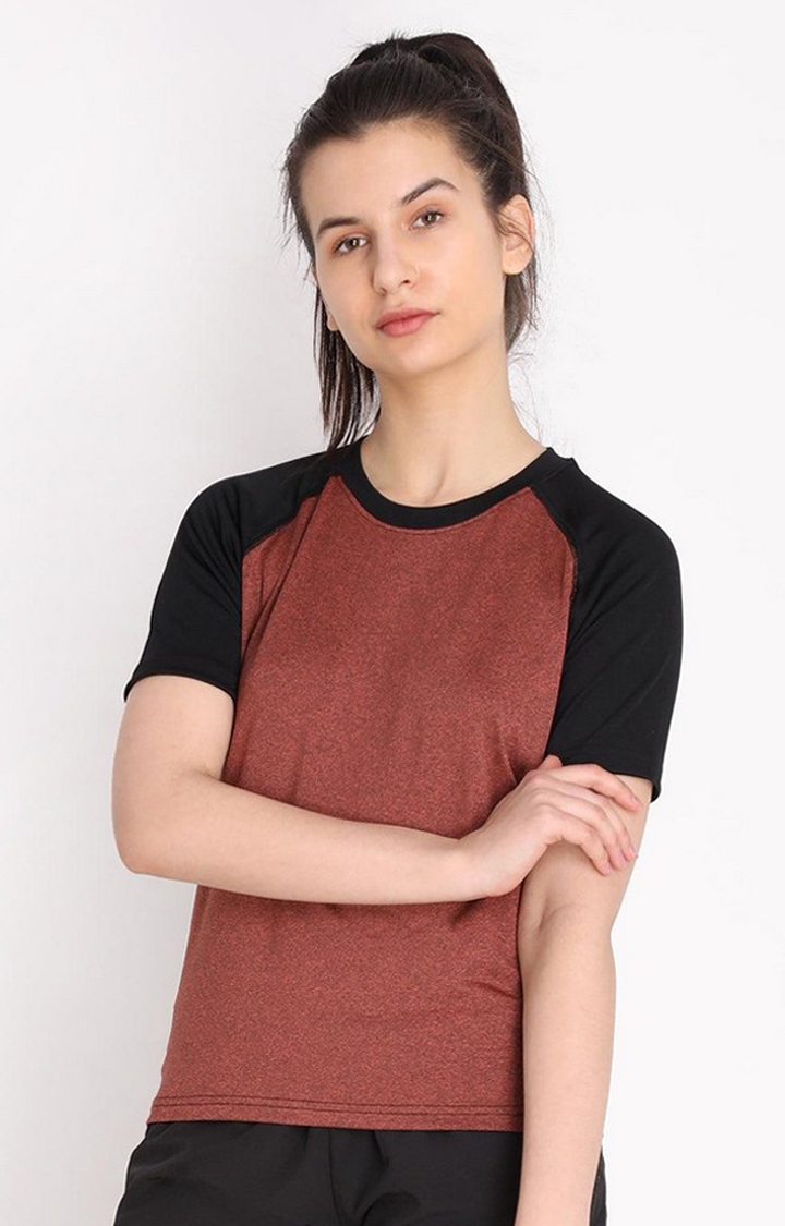 CHKOKKO | Women's Rust Brown Melange Textured Polyester Activewear T-Shirt