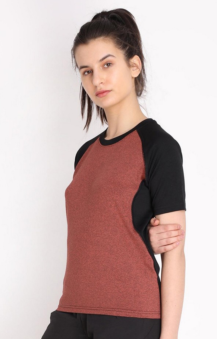 Women's Rust Brown Melange Textured Polyester Activewear T-Shirt