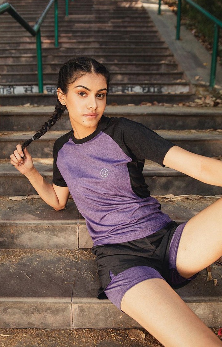 Women's Purple Melange Textured Polyester Activewear T-Shirt