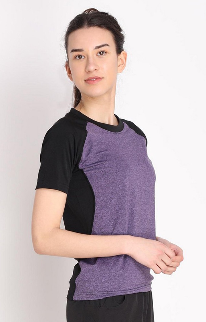 Women's Purple Melange Textured Polyester Activewear T-Shirt