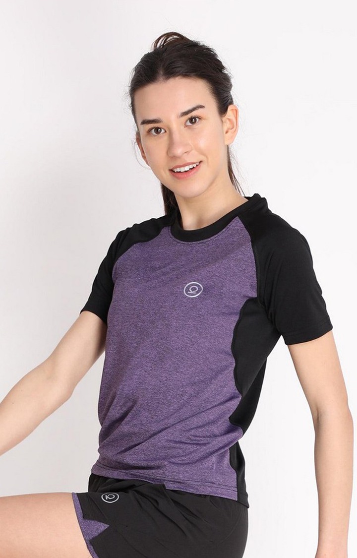 Women's Purple Melange Textured Polyester Activewear T-Shirt