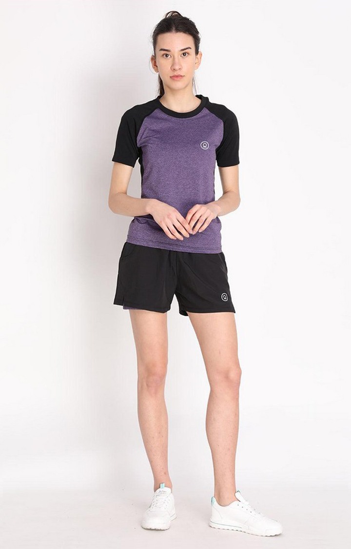 Women's Purple Melange Textured Polyester Activewear T-Shirt