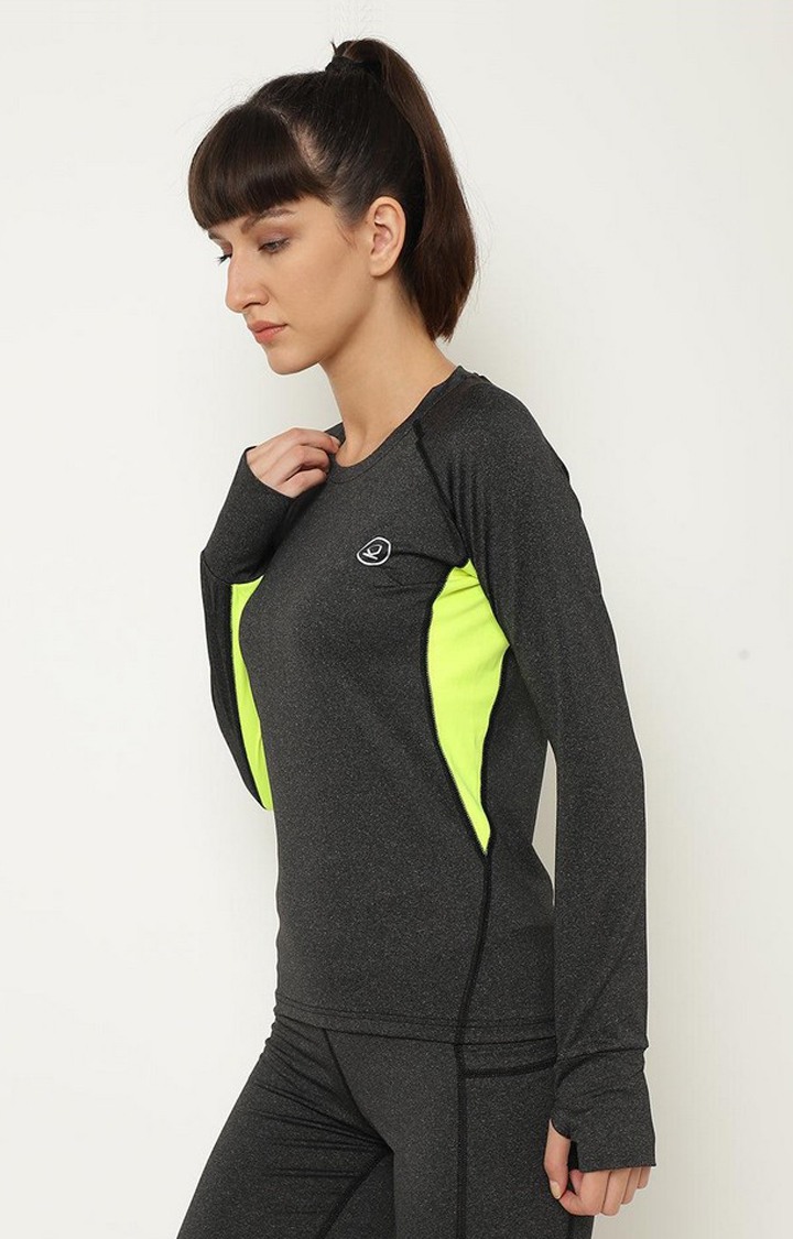 Women's Dark Grey Melange Textured Polyester Activewear T-Shirt