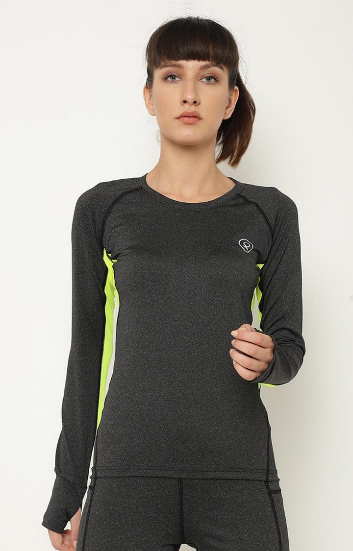 Women's Dark Grey Melange Textured Polyester Activewear T-Shirt