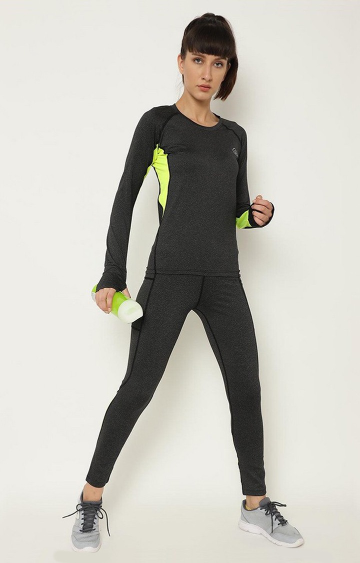 Women's Dark Grey Melange Textured Polyester Activewear T-Shirt