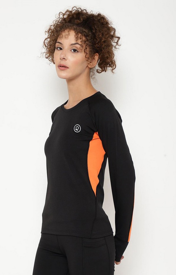 Women's Black Solid Polyester Activewear T-Shirt