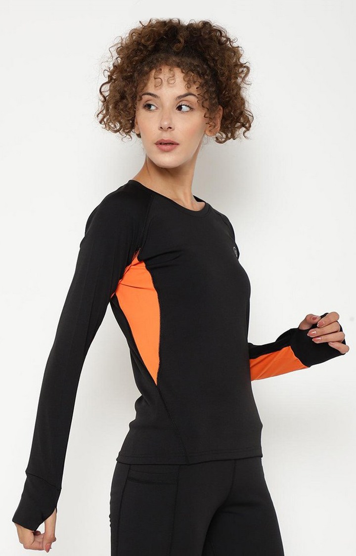 Women's Black Solid Polyester Activewear T-Shirt