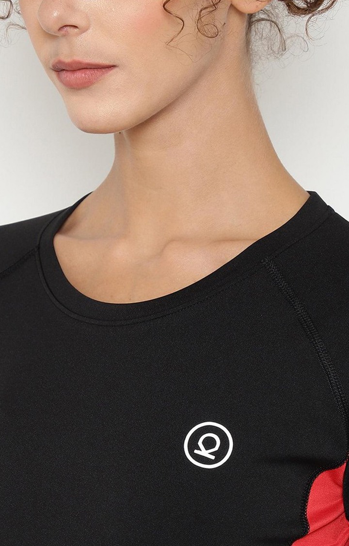 Women's Black Solid Polyester Activewear T-Shirt