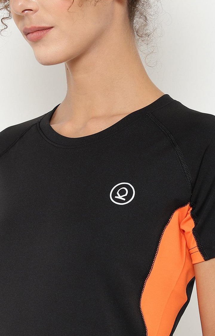 Women's Black Solid Polyester Activewear T-Shirt