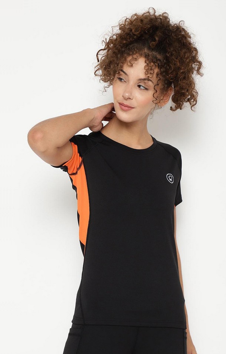 Women's Black Solid Polyester Activewear T-Shirt