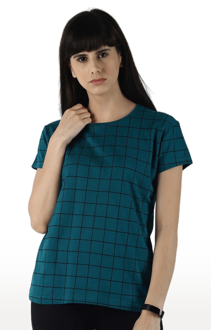 Dillinger | Women's Green Cotton Checkered Regular T-Shirt 0