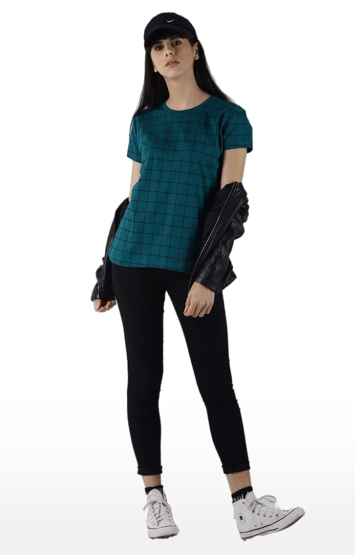 Dillinger | Women's Green Cotton Checkered Regular T-Shirt 1