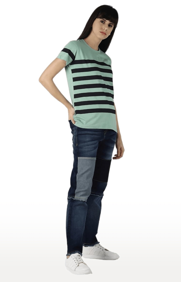 Dillinger | Women's Green Cotton Striped Regular T-Shirt 1