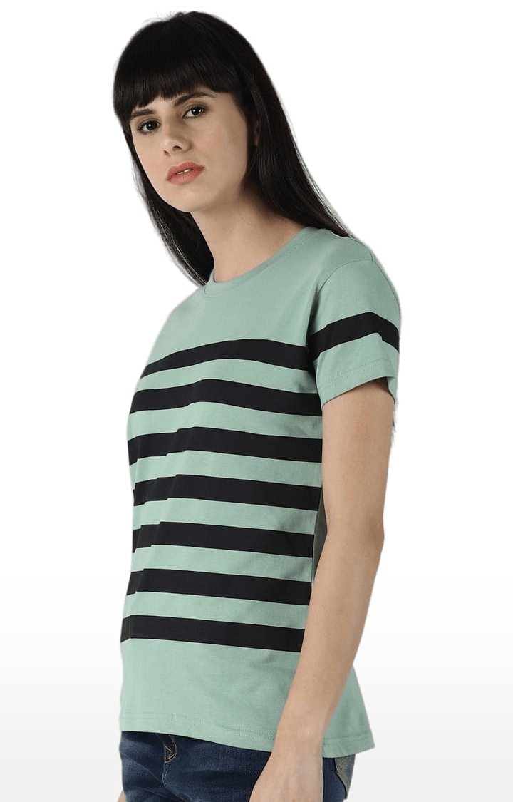 Dillinger | Women's Green Cotton Striped Regular T-Shirt 2