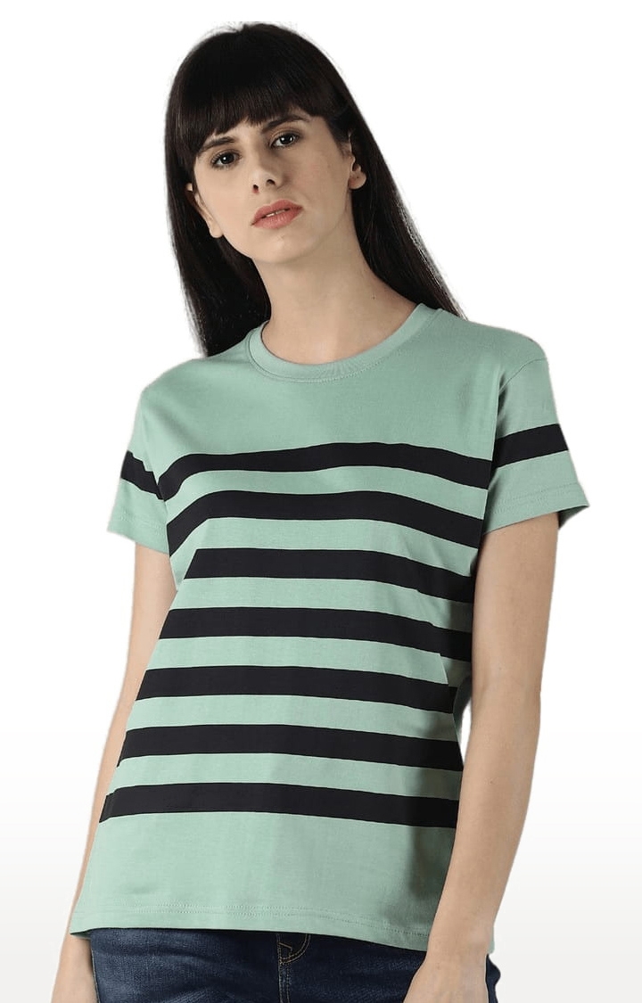 Dillinger | Women's Green Cotton Striped Regular T-Shirt 0