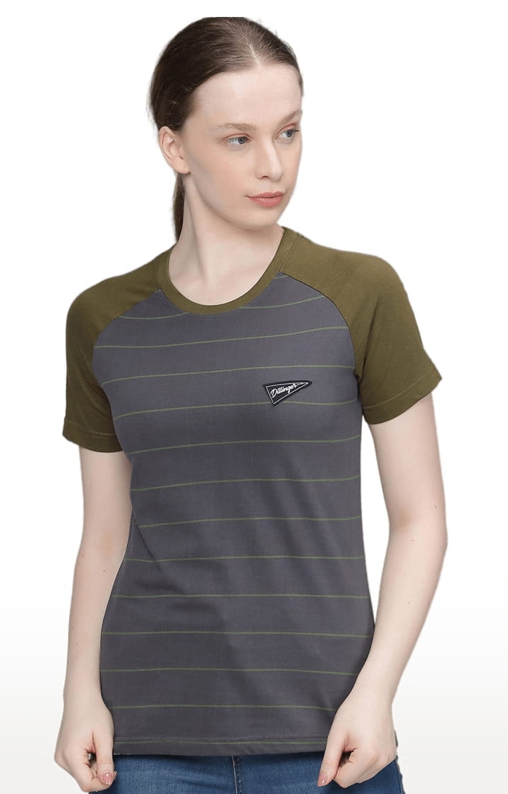 Dillinger | Women's Grey Cotton Striped Regular T-Shirt 0