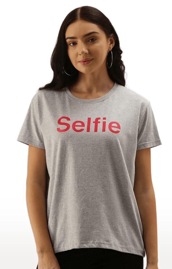 Women's Grey Cotton Typographic Printed Regular T-Shirt