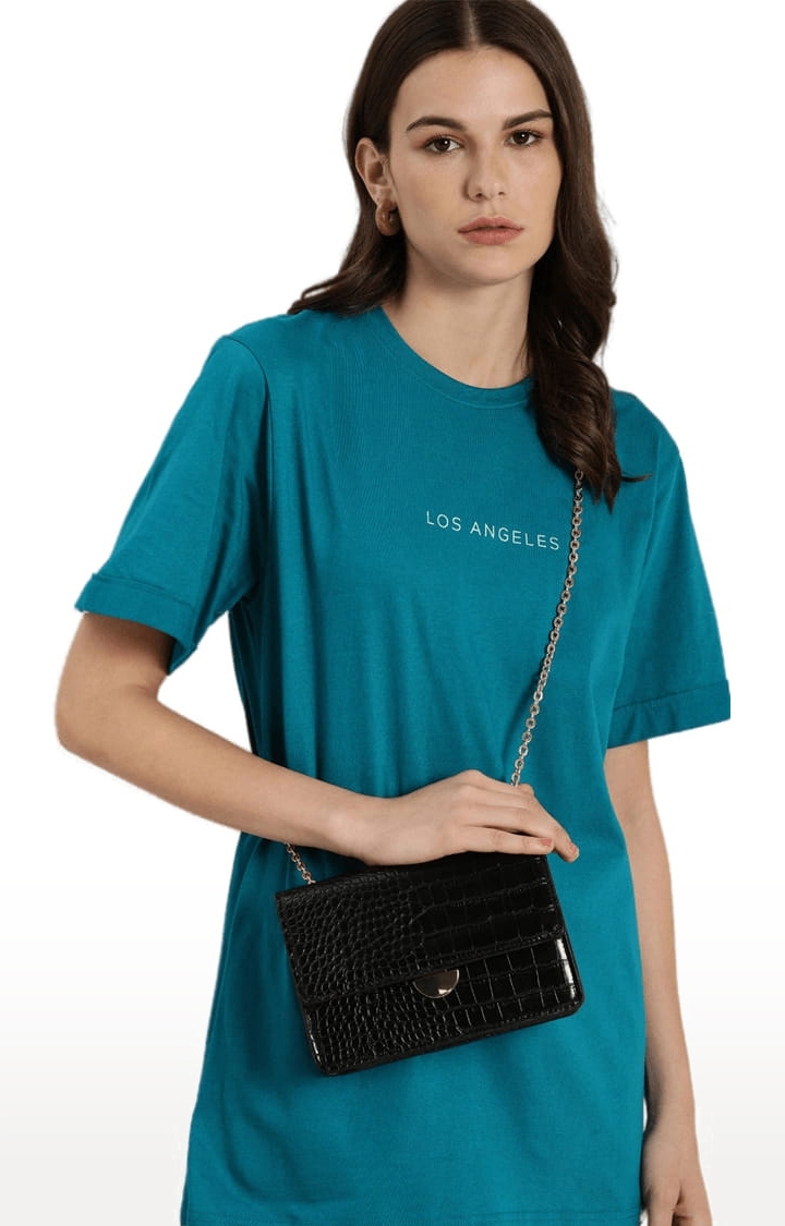 Dillinger | Women's Blue Cotton Solid Oversized T-Shirt 0