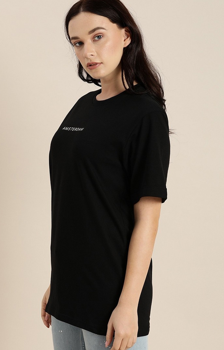 Dillinger | Women's Black Cotton Typographic Printed Oversized T-Shirt 0