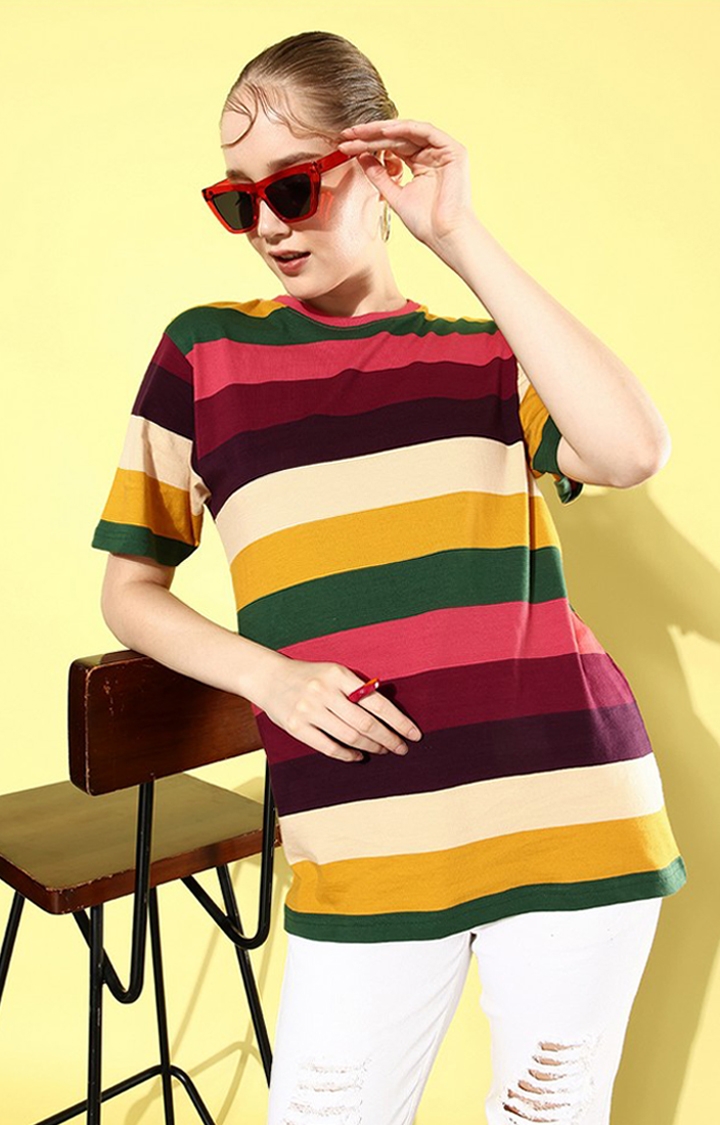 Dillinger | Women's Multicolour Striped Oversized T-Shirt