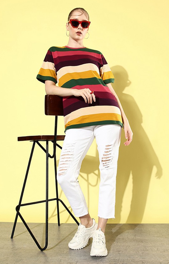 Women's Multicolour Striped Oversized T-Shirt