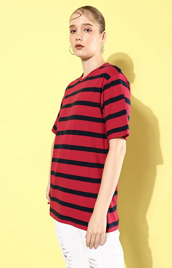 Women's Red & Black Striped Oversized T-Shirt