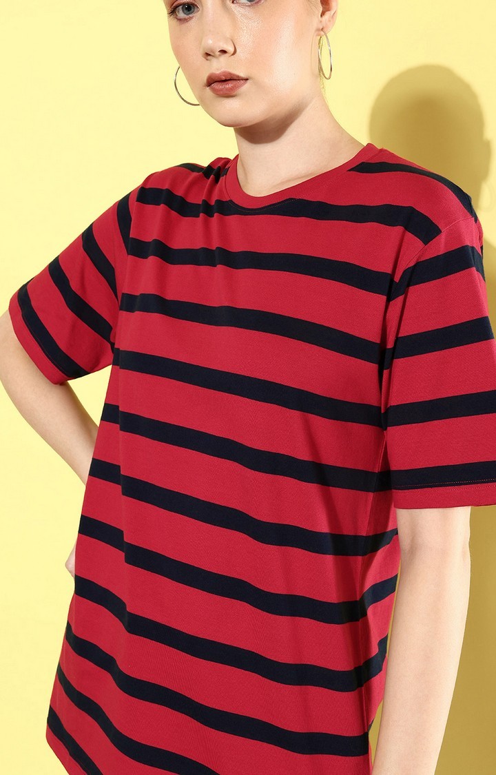 Women's Red & Black Striped Oversized T-Shirt