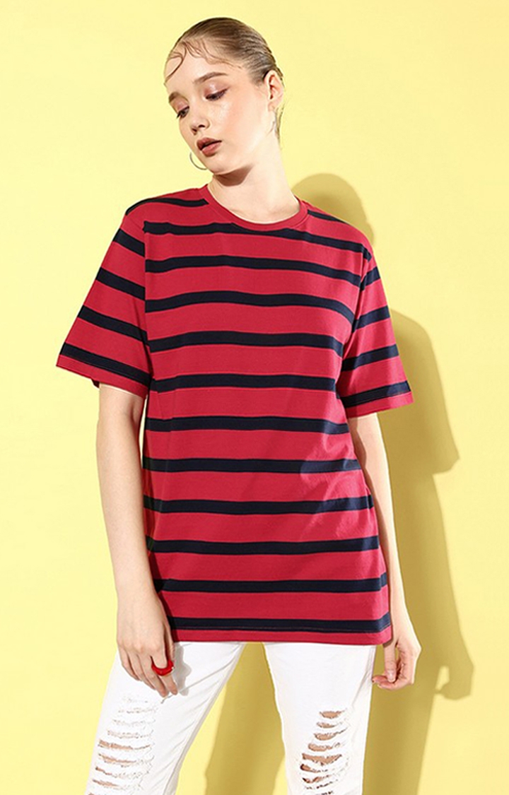 Women's Red & Black Striped Oversized T-Shirt