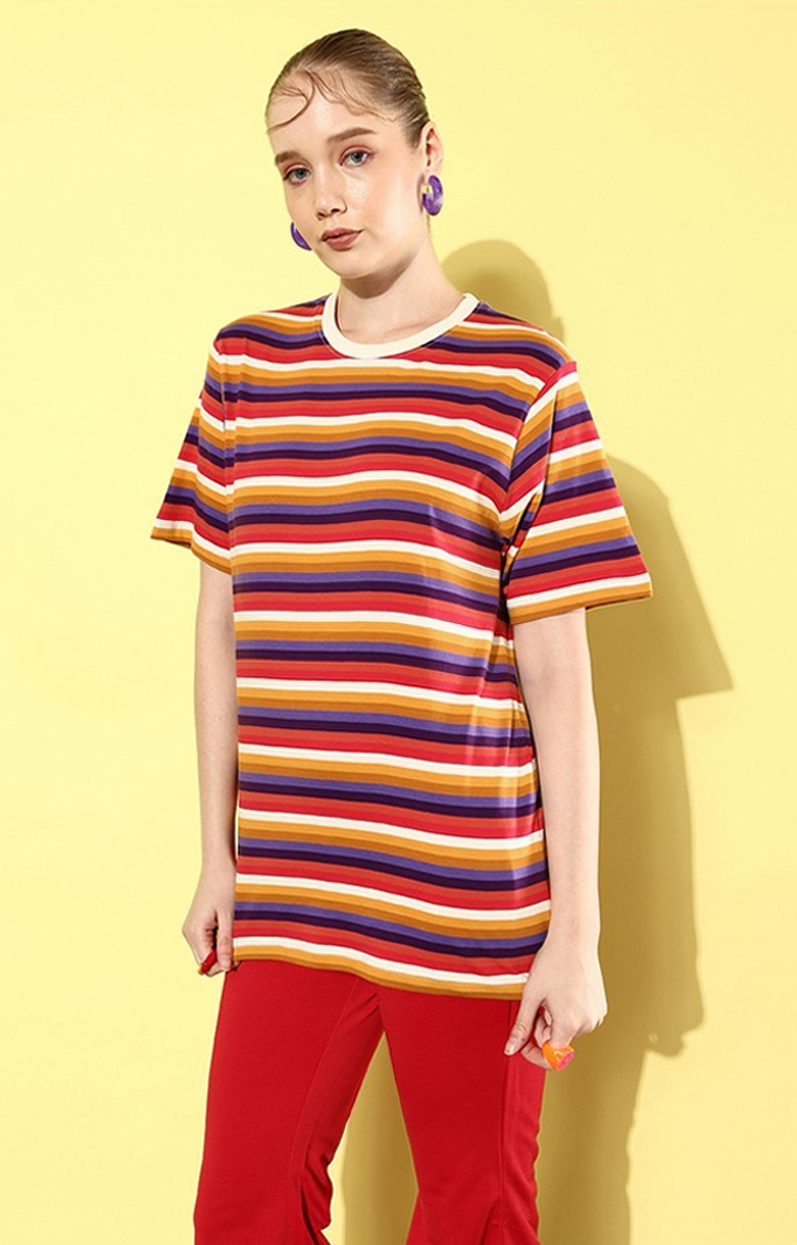 Dillinger | Women's Multicolour Striped Oversized T-Shirt