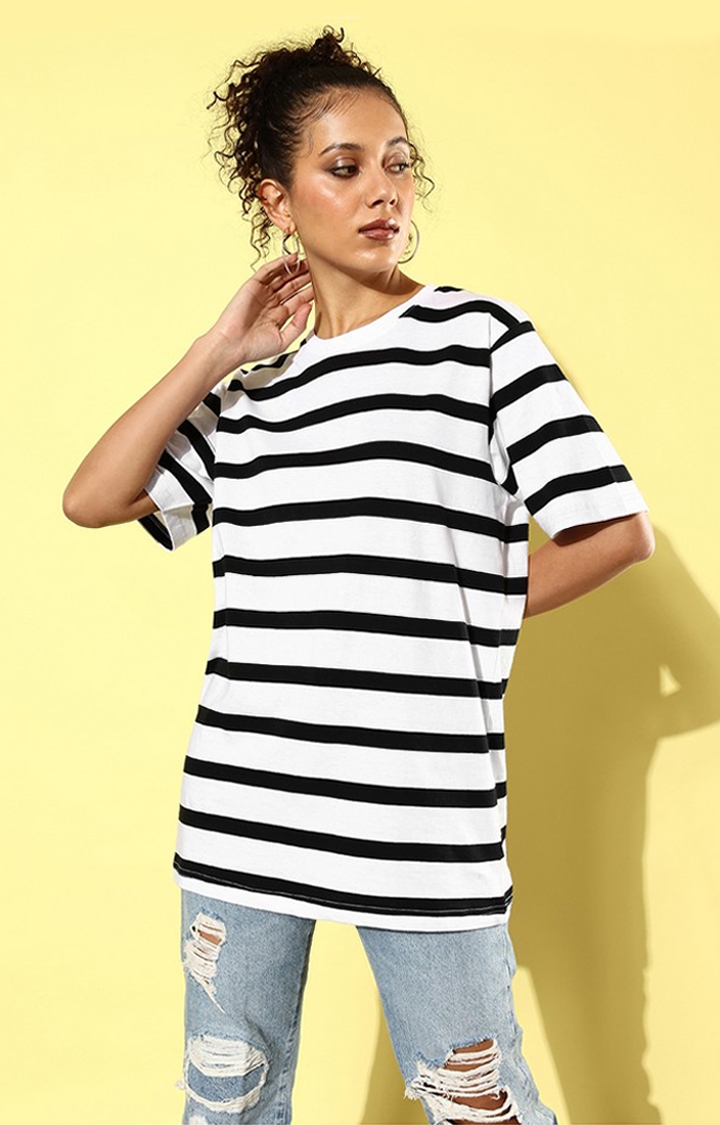 Women's White & Black Striped Oversized T-Shirt
